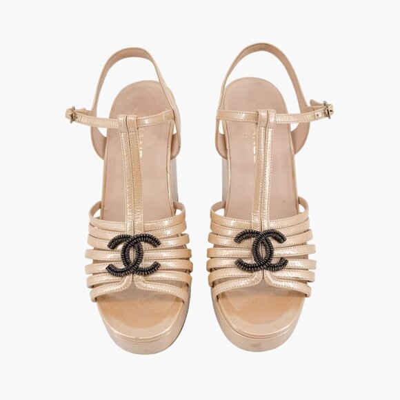 Chanel CC Platform Wedge Sandals Size 41 US 10-10.5 Beige Patent Strappy Logo - Picture 3 of 16